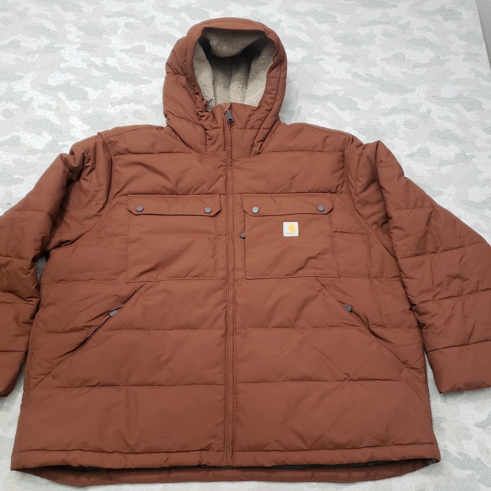 Carhartt Puffer Jacket Mens 3XL Brown Loose Fit Rain Defender Hooded Work